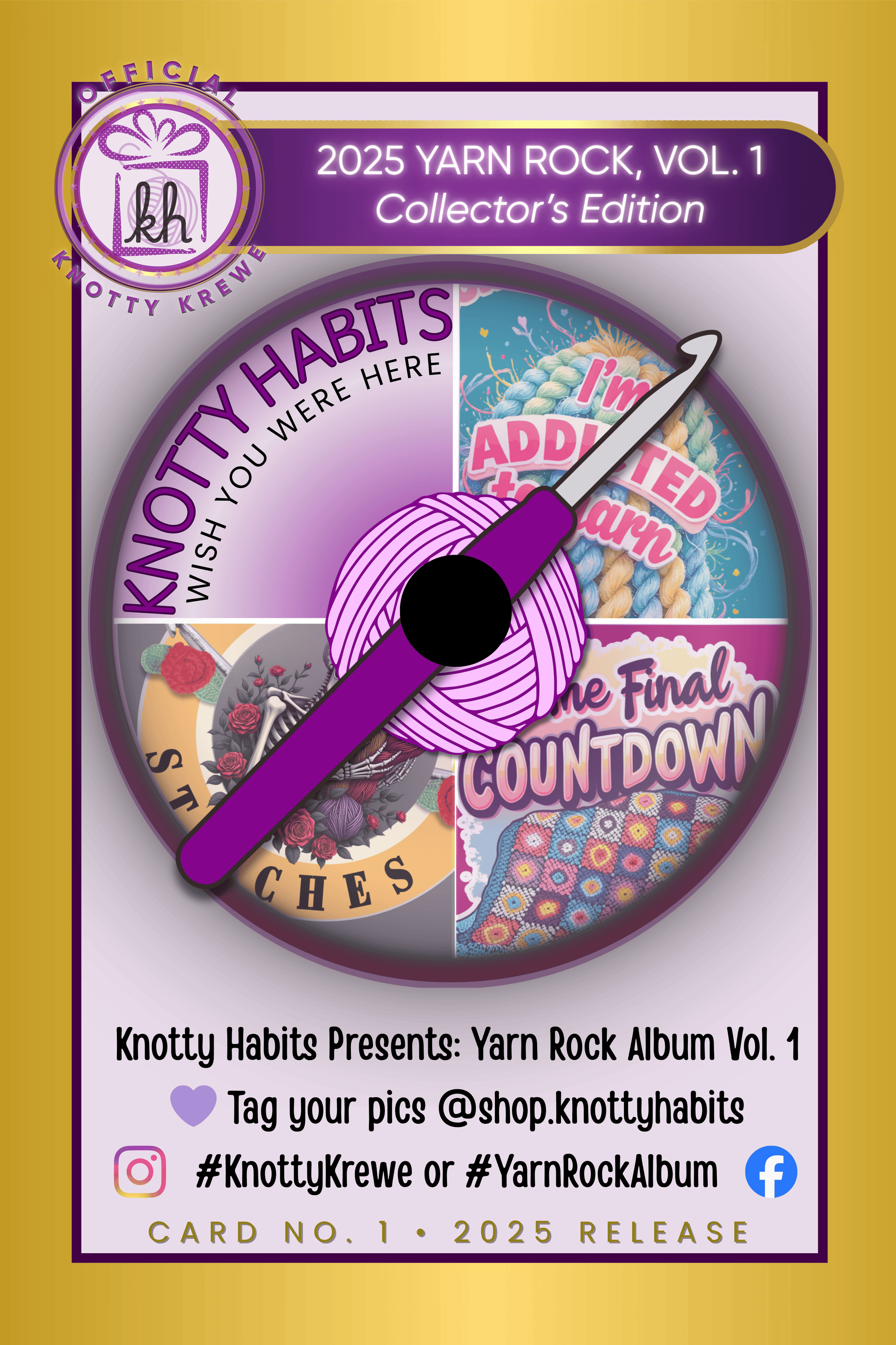 Front design of the Yarn Rock Collector’s Tour Card – limited edition crochet fan collectible
