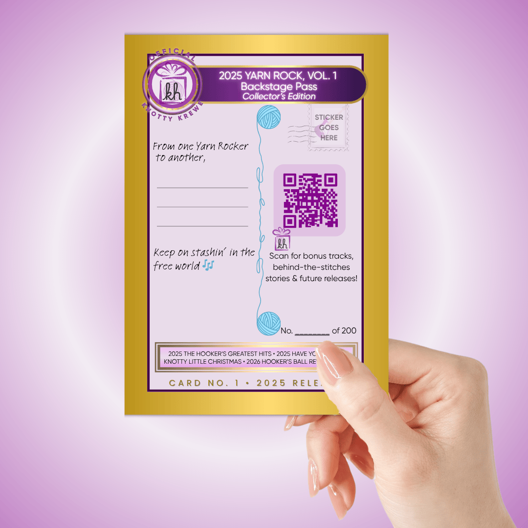 Back of Yarn Rock Collector’s Tour Card with Cathy’s story and crochet community details