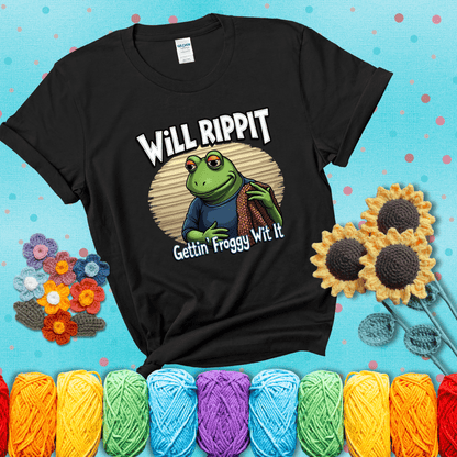 Cool frog with sunglasses, surrounded by yarn and hooks. Text reads: “Gettin’ Froggy Wit It.” A hip and humorous crochet tee for yarn lovers with rhythm, showing a black tee with a teal sunflower background