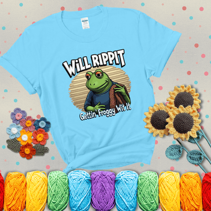 Cool frog with sunglasses, surrounded by yarn and hooks. Text reads: “Gettin’ Froggy Wit It.” A hip and humorous crochet tee for yarn lovers with rhythm, showing a light blue tee with grey sunflower background
