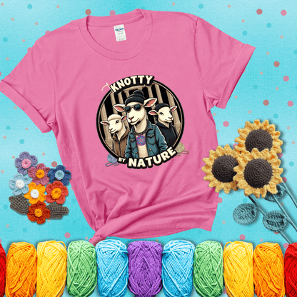 Three cool sheep dressed in urban streetwear pose in front of columns, with bold text “Knotty By Nature,” a hilarious crochet parody with swagger showing a pink tee with a teal sunflower background