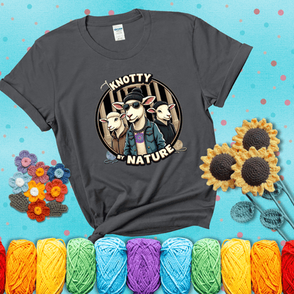 Three cool sheep dressed in urban streetwear pose in front of columns, with bold text “Knotty By Nature,” a hilarious crochet parody with swagger showing a dark grey tee with a teal sunflower background