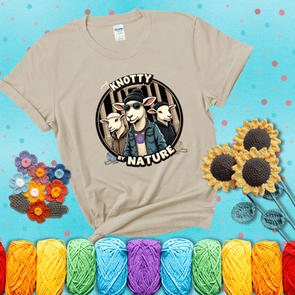 Three cool sheep dressed in urban streetwear pose in front of columns, with bold text “Knotty By Nature,” a hilarious crochet parody with swagger showing a beige tee with a teal sunflower background
